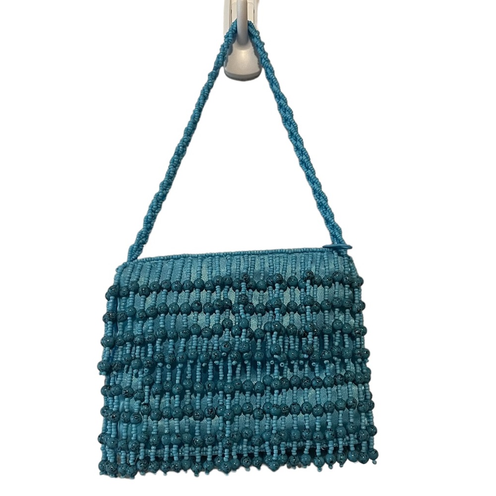 La Regale Fringe Beaded Micro Mini Tiny Bag w Strap | Vintage Y2K Look | Blue
